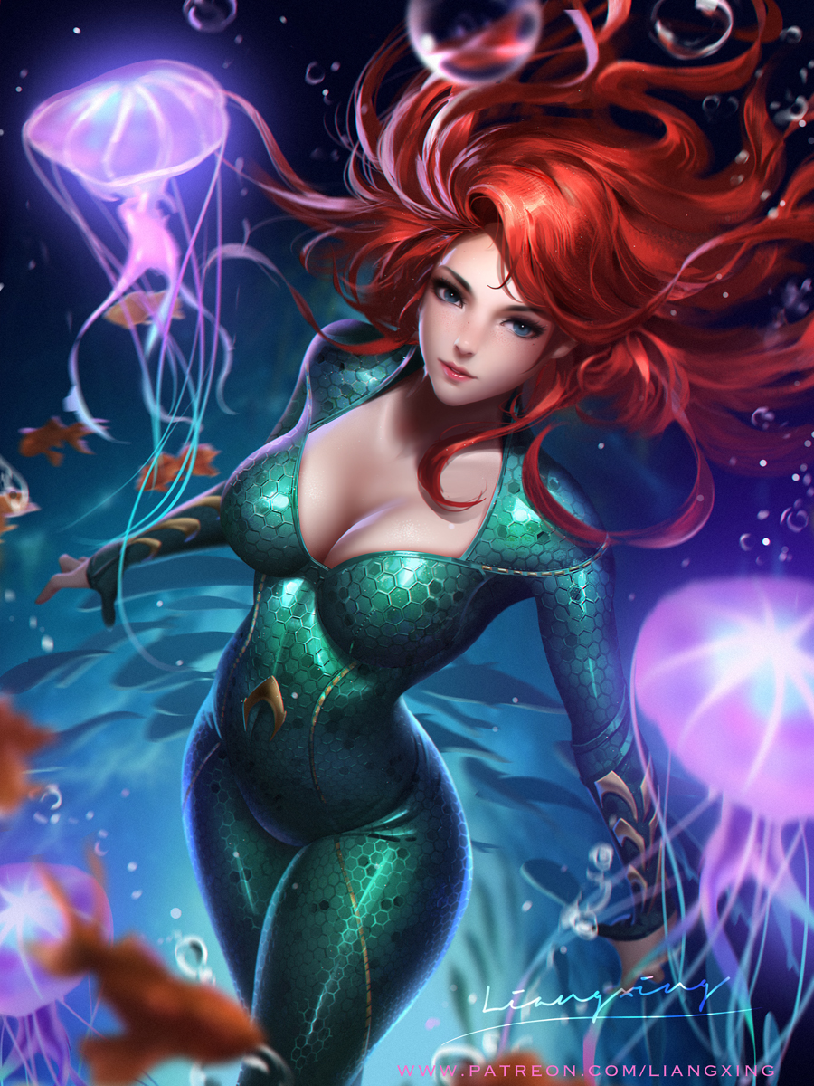 air_bubble, aqua_bodysuit, aquaman_(series), artist_name, blue_eyes, blurry, bodysuit, breasts, bubble, cleavage, collarbone, commentary, covered_navel, cowboy_shot, dark_background, dc_comics, depth_of_field, diving_suit, english_commentary, fish, from_above, highres, honeycomb_(pattern), jellyfish, large_breasts, liang_xing, long_hair, long_sleeves, looking_at_viewer, looking_up, mera_(dc), parted_lips, pink_lips, realistic, red_hair, signature, smile, solo, underwater, watermark, web_address, wetsuit