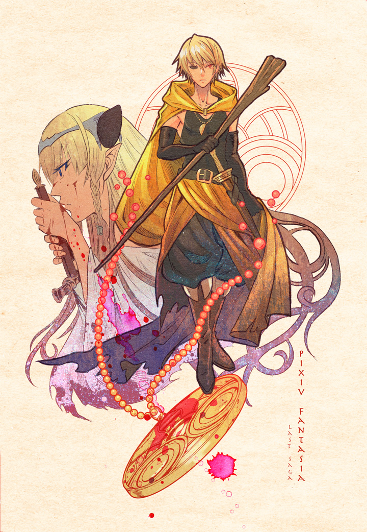 1boy, 1girl, alex_the_sage_in_yellow, antiholiday, bad_id, bad_pixiv_id, belt, black_gloves