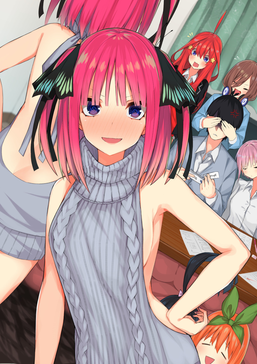1boy, 6+girls, @_@, absurdres, ahoge, anger_vein, aran_sweater, ass, backless_dress, backless_outfit, bad_id, bad_pixiv_id, bare_back, bare_shoulders, black_hair, black_ribbon, blue_cardigan, blue_eyes, blunt_bangs, blush, bow, breasts, brown_hair, butt_crack, cable_knit, cardigan, closed_eyes, closed_mouth, collared_shirt, covering_another's_eyes, covering_own_eyes, dress, dress_shirt, embarrassed, expressive_hair, go-toubun_no_hanayome, green_ribbon, grey_sweater, hair_between_eyes, hair_bow, hair_ornament, hair_ribbon, halterneck, hand_on_own_hip, headphones, headphones_around_neck, highres, indoors, itame_moyashi, kotatsu, large_breasts, long_hair, long_sleeves, looking_at_viewer, multiple_girls, nail_polish, nakano_ichika, nakano_itsuki, nakano_miku, nakano_nino, nakano_yotsuba, naked_sweater, open_mouth, orange_hair, pink_hair, red_hair, ribbon, shirt, short_hair, siblings, sideboob, sisters, sitting, sleeping, smile, standing, star_(symbol), star_hair_ornament, sweater, sweater_dress, table, turtleneck, turtleneck_sweater, uesugi_fuutarou, uesugi_raiha, virgin_killer_sweater, white_shirt