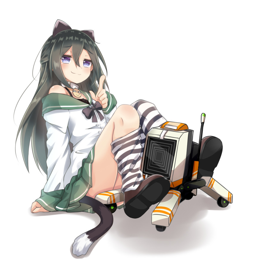 1girl, animal_ears, black_hair, brown_shoes, cat_ears, cat_tail, collar, commentary_request