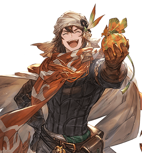 1boy, bandana, belt, brown_gloves, cape, closed_eyes, gift, gloves