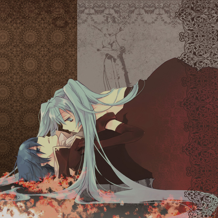 1boy, 1girl, bad_id, bad_pixiv_id, blue_eyes, blue_hair, cantarella, cantarella_(vocaloid), dr*, elbow_gloves, gloves, green_eyes, green_hair, hatsune_miku, jonejung, kaito_(vocaloid), long_hair, vocaloid