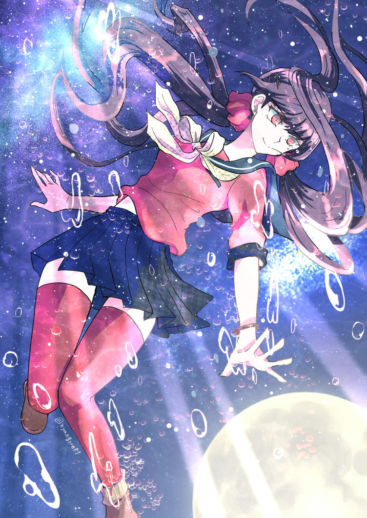 1girl, black_sailor_collar, black_skirt, bracelet, brown_footwear, brown_hair, bubble, danganronpa_(series)