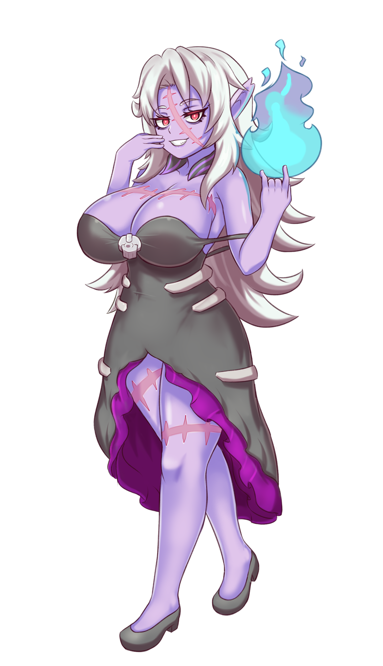 1girl, \n/, bare_shoulders, black_dress, black_shoes, blue_fire, breasts, cleavage