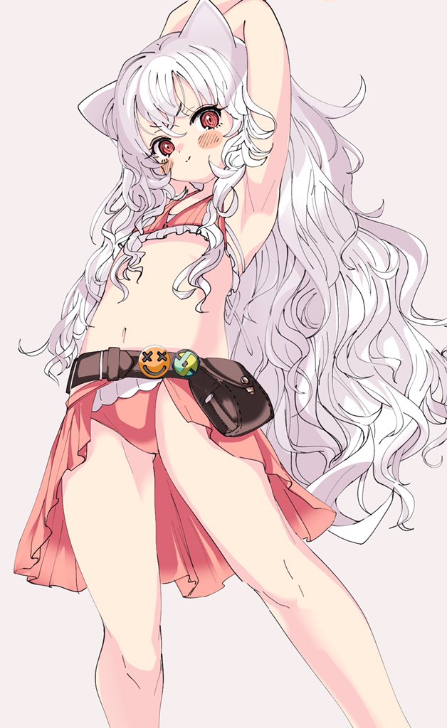 1girl, animal_ears, armpits, arms_on_head, arms_up, belt, bikini, blush