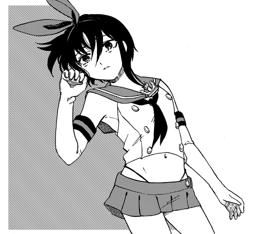 1girl, anchor_hair_ornament, armpits, asymmetrical_hair, breasts, buttons, cosplay, crop_top