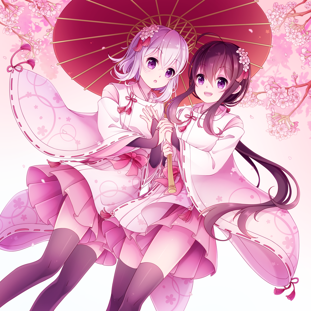 2boys, :d, ahoge, black_hair, black_legwear, bridal_gauntlets, cherry_blossoms, flower