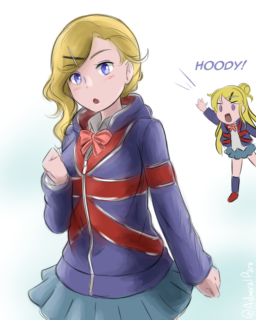 2girls, admiral_paru, azur_lane, blue_eyes, blush, character_name, chestnut_mouth, commentary