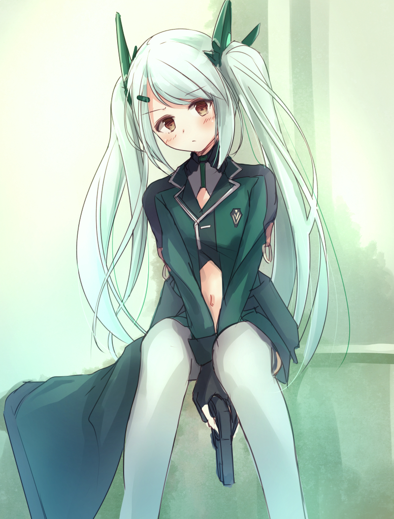 1girl, blush, brown_eyes, clothing_cutout, commentary_request, expressionless, female_focus, fingerless_gloves