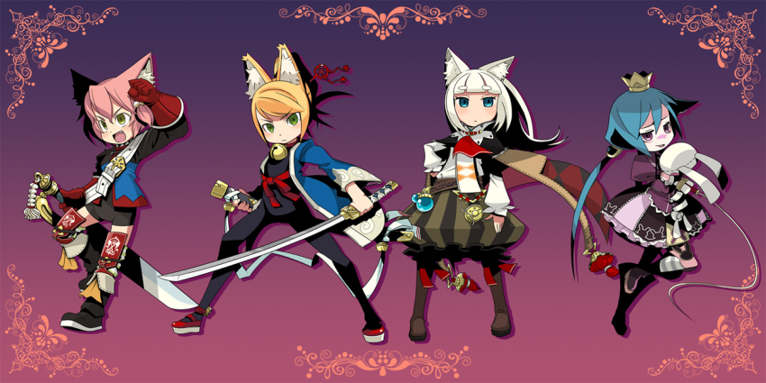 4girls, 7th_dragon, 7th_dragon_(series), :d, angry, animal_ears, armor, ascot
