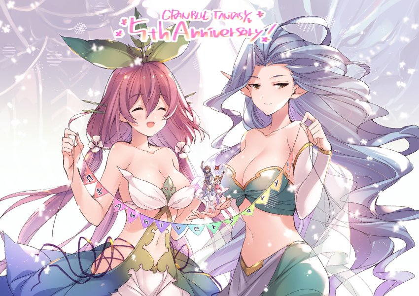 1boy, 4girls, anniversary, banner, blue_hair, clothing_cutout, detached_sleeves, djeeta_(granblue_fantasy)