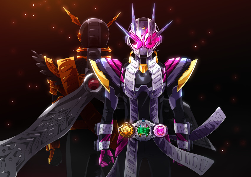 2boys, absurdres, armor, belt, bodysuit, compound_eyes, dual_persona, helmet, highres, horns, kamen_rider, kamen_rider_zi-o, kamen_rider_zi-o_(series), kamen_rider_zi-o_ii, male_focus, mask, multiple_boys, open_hand, otokamu, ouma_zi-o, pink_eyes, rider_belt, single_horn, standing