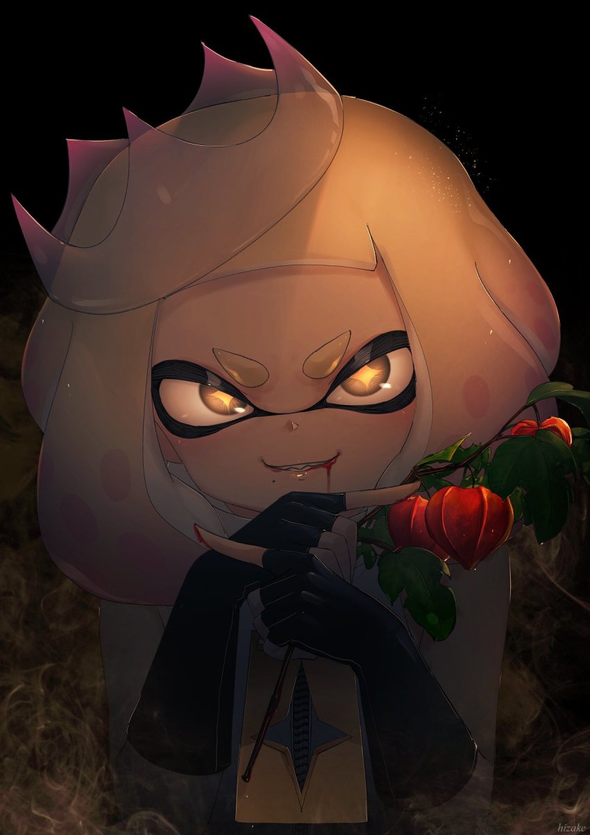 +_+, 1girl, artist_name, bad_id, bad_twitter_id, black_background, black_gloves, blood