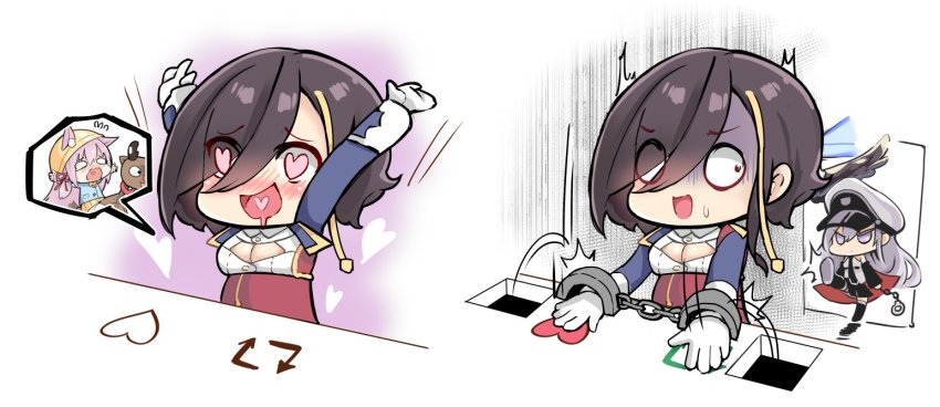 2koma, 3girls, ark_royal_(azur_lane), azur_lane, bongo_cat_(meme), caught, chibi, cleavage_cutout
