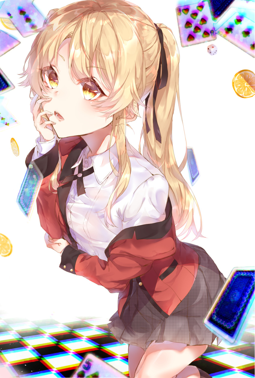 1girl, bad_id, bad_pixiv_id, bent_over, black_ribbon, blonde_hair, bob_628, card, commentary_request, dice, female_focus, food, fruit, hair_ribbon, hand_on_own_face, highres, jacket, kakegurui, lemon, lemon_slice, long_hair, long_sleeves, off_shoulder, plaid_clothes, plaid_skirt, playing_card, pleated_skirt, red_jacket, ribbon, saotome_mary, school_uniform, shirt, simple_background, skirt, solo, tiles, twintails, white_shirt, yellow_eyes