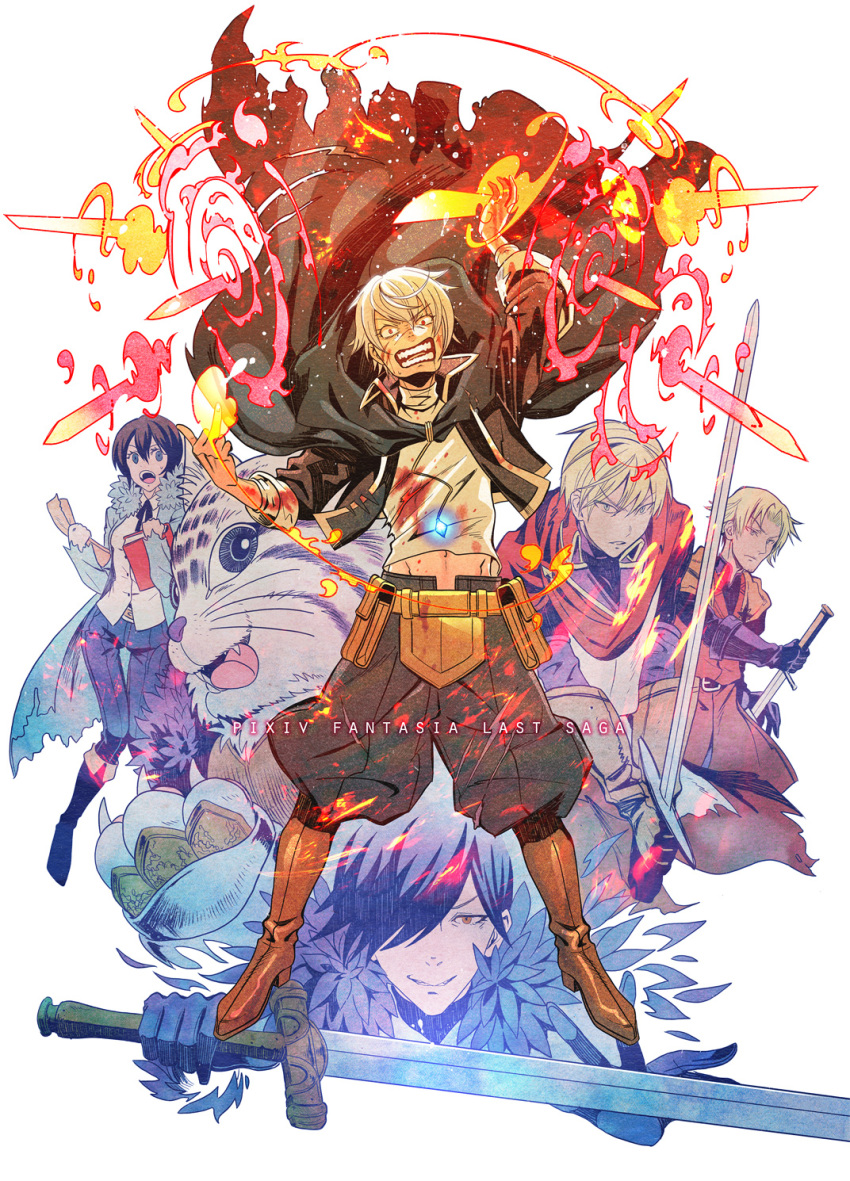 1girl, 4boys, :o, antiholiday, arms_up, bad_id, bad_pixiv_id, belt_pouch