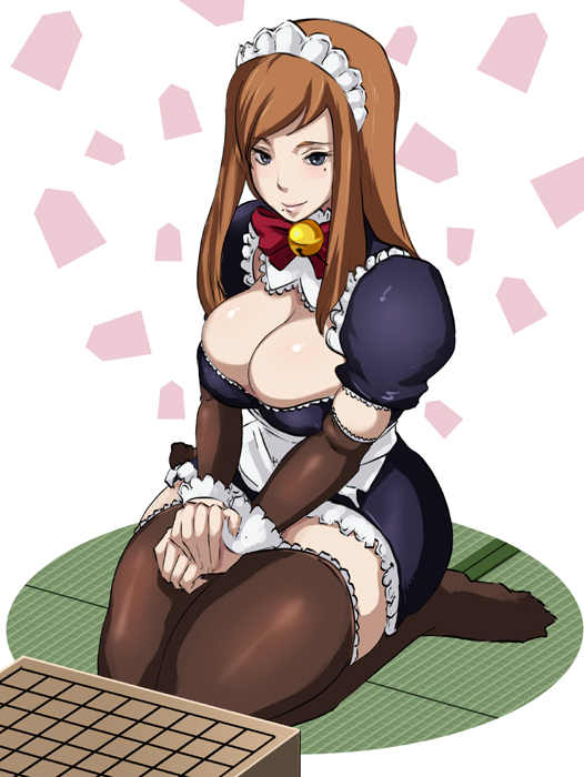 1girl, 81diver, board_game, breasts, brown_hair, butcha-u, cleavage, curvy, female_focus, go_(board_game), kneeling, large_breasts, maid, maid_headdress, mole, mole_under_eye, mole_under_mouth, shogi, solo, table, thick_thighs, thighhighs, thighs, ukeshi