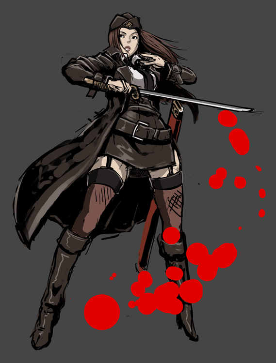 1girl, belt, blood, boots, brown_hair, butcha-u, coat, female_focus, garter_belt, gloves, hat, katana, necktie, original, sheath, skirt, solo, sword, thighhighs, tokyo_gore_police, trench_coat, uniform, weapon