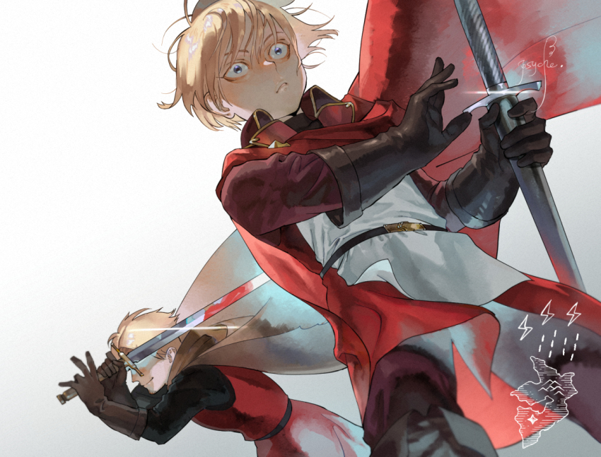 2boys, artist_name, black_gloves, blonde_hair, blood, bloody_weapon, blue_eyes, cape