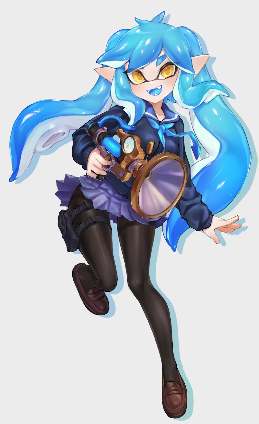 1girl, :d, antenna_hair, blue_hair, blue_neckwear, blue_sailor_collar, blue_shirt, blue_tongue, blush, brown_shoes, colored_tongue, commission, eyes_visible_through_hair, fangs, female_focus, full_body, highres, holding, inkling, inkling_girl, inkling_player_character, jtveemo, leg_up, legs_apart, loafers, long_hair, long_sleeves, mask, miniskirt, nintendo, open_mouth, pelated_skirt, pointy_ears, purple_skirt, sailor_collar, school_uniform, serafuku, shirt, shoes, silhouette, skirt, smile, solo, splatoon_(series), sploosh-o-matic_(splatoon), teeth, tentacle_hair, thigh_strap, twintails, yellow_eyes