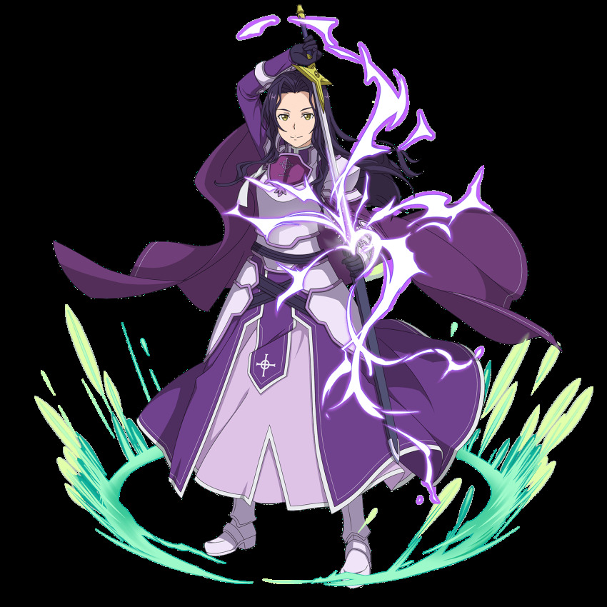 1girl, armor, armored_boots, boots, fanatio, fanatio_synthesis_two, female_focus, full_body, gauntlets, hat, highres, long_hair, official_art, purple_armor, purple_cap, purple_hair, shoulder_armor, solo, sword, sword_art_online, weapon, yellow_eyes