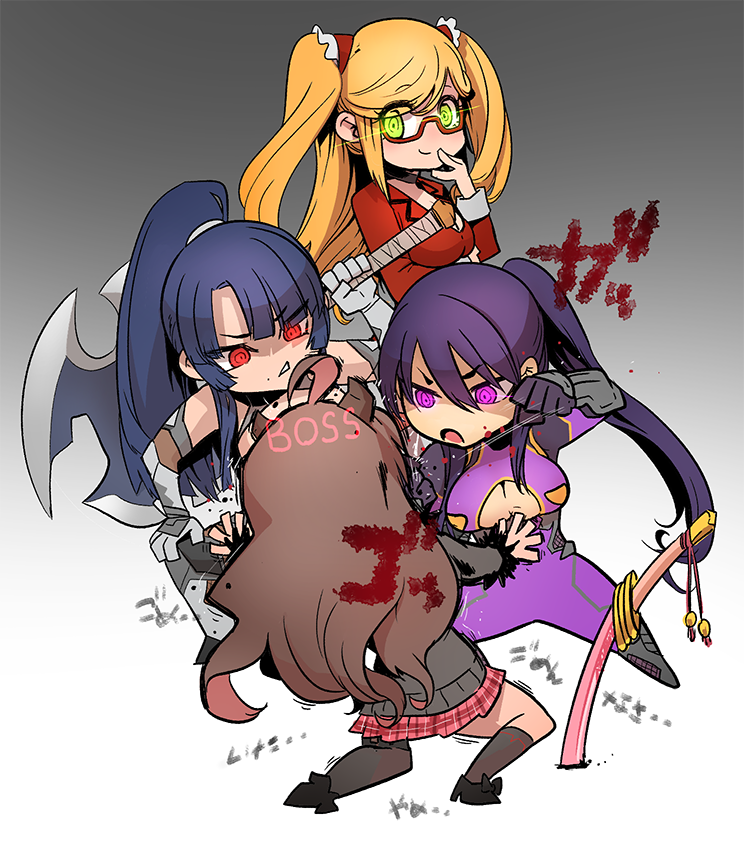 4girls, akiyama_rinko, angry, axe, bare_shoulders, battle_axe, blonde_hair, blood