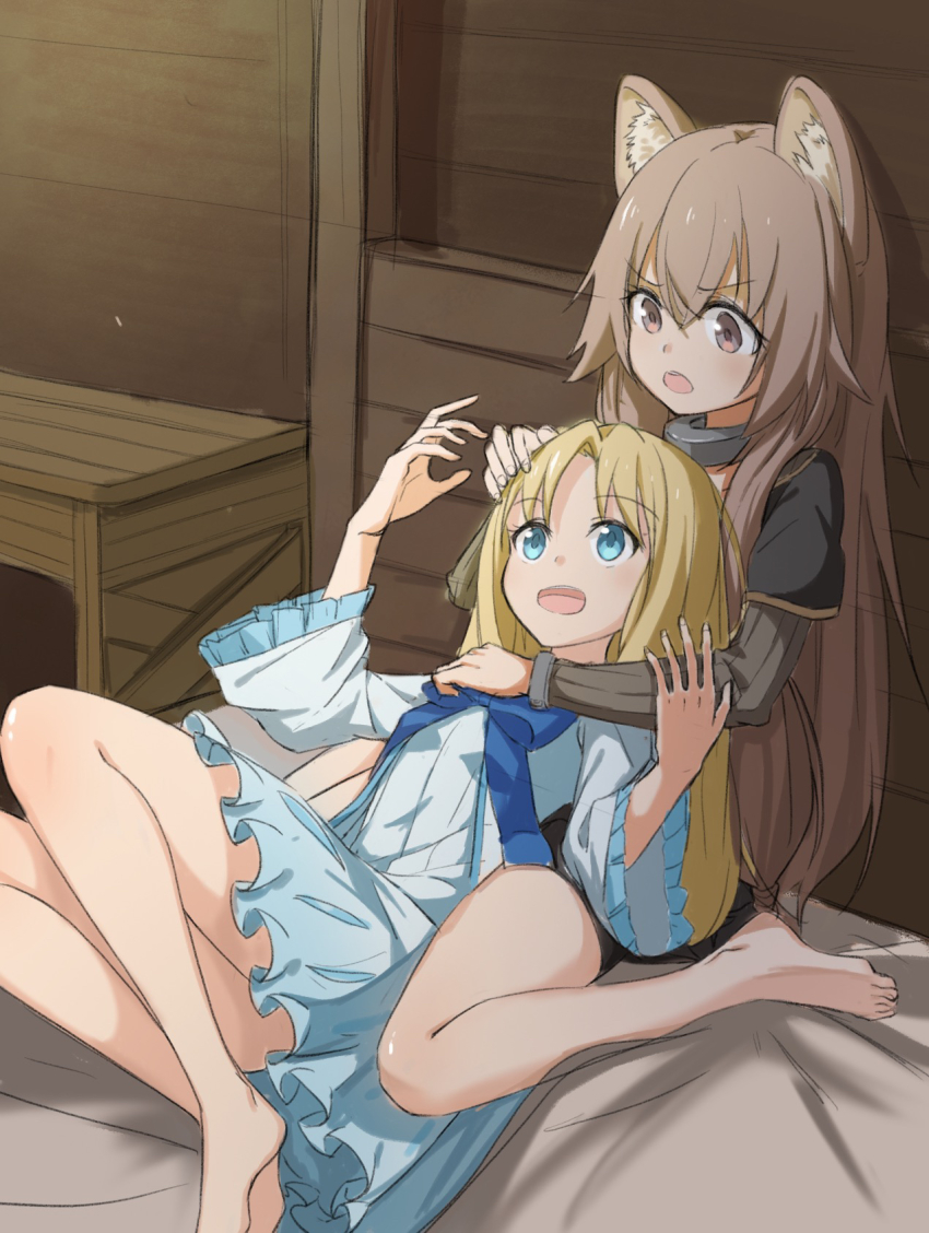 2girls, :d, animal_ears, barefoot, blonde_hair, blue_dress, blue_eyes, brown_eyes