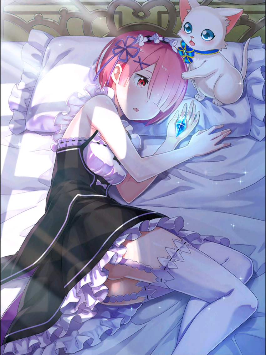 1girl, bed, cat, catora_(shironeko_project), crystal, garter_straps, hair_over_one_eye, highres, lying, maid, one_eye_covered, pink_eyes, pink_hair, ram_(re:zero), re:zero_kara_hajimeru_isekai_seikatsu, sparkle, tagme, thighhighs