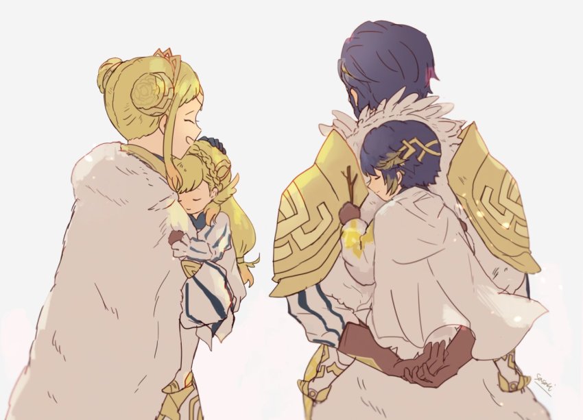 2boys, 2girls, aged_down, alfonse_(fire_emblem), blonde_hair, blue_hair, braid, braided_bun, branch, brother_and_sister, brown_gloves, cape, carrying, child, closed_eyes, closed_mouth, crown_braid, double_bun, family_bonding, father_and_child, father_and_daughter, father_and_son, fire_emblem, fire_emblem_heroes, from_behind, fur_cape, gloves, gradient_hair, grey_background, gustav_(fire_emblem), hair_bun, henriette_(fire_emblem), holding, husband_and_wife, long_hair, long_sleeves, mother_and_child, mother_and_daughter, mother_and_son, multicolored_hair, multiple_boys, multiple_girls, nintendo, open_mouth, parent_and_child, pink_hair, sasaki_(dkenpisss), sharena_(fire_emblem), short_hair, siblings, signature, simple_background, sleeping