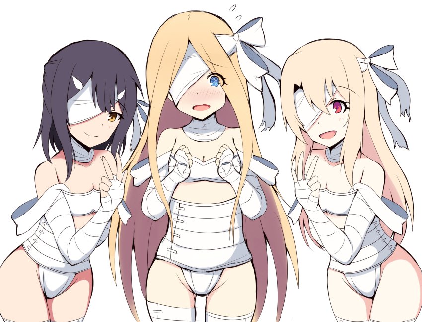3girls, :d, @_@, abigail_williams_(fate), absurdres, bandage_over_one_eye, bandaged_arm, bandaged_leg