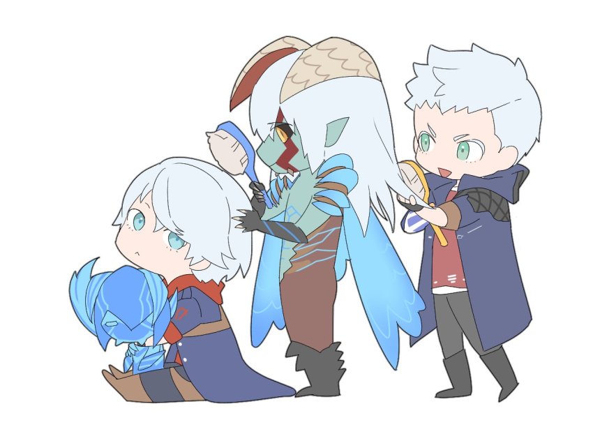 3boys, alternate_form, black_sclera, blue_eyes, colored_sclera, demon_boy, devil_may_cry_(series), devil_may_cry_4, devil_may_cry_5, devil_trigger, glowing, glowing_wings, brushing_hair, hood, hood_down, hooded_jacket, horns, jacket, long_hair, male_focus, monster_boy, multiple_boys, multiple_persona, nero_(devil_may_cry), open_mouth, pointy_ears, silver_hair, sitting, smile, spoilers, standing, wings, yellow_eyes, yuusya27