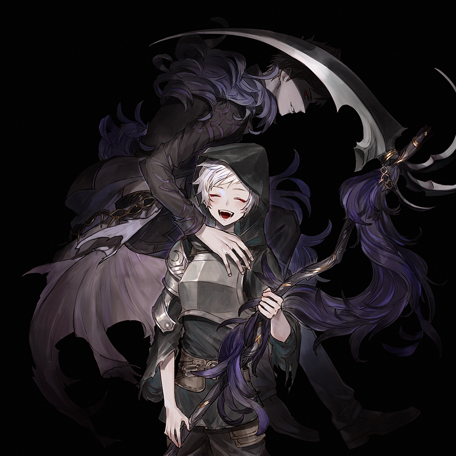 2boys, alter_ego_conjurer, armor, belial_(granblue_fantasy), black_hair, black_shirt, closed_eyes, feather_boa