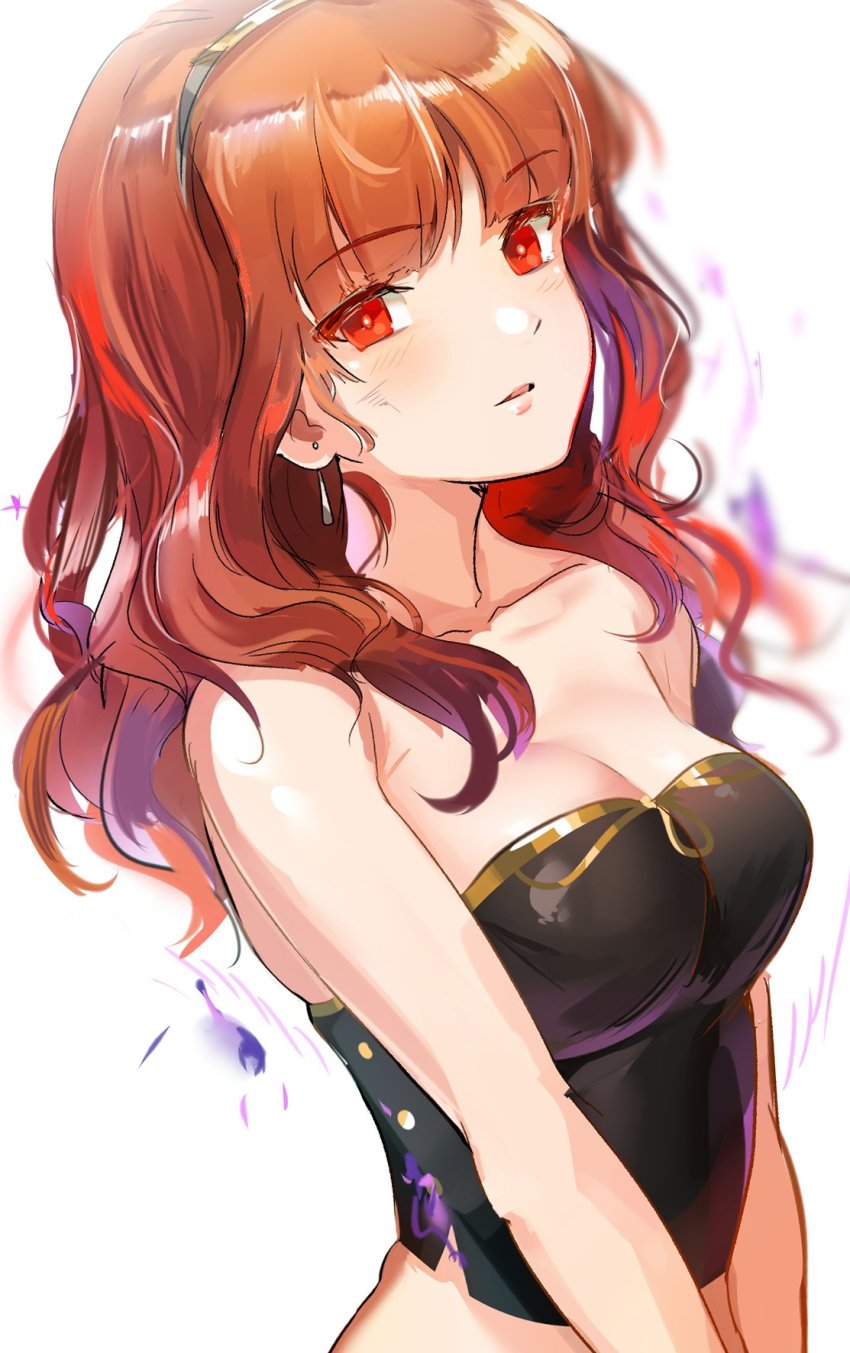 1girl, armor, bare_shoulders, blush, breastplate, breasts, celica_(fire_emblem), celica_(imprisoned_soul)_(fire_emblem), corruption, corset, dark_persona, dress, duma_(fire_emblem), female_focus, fire_emblem, fire_emblem_echoes:_shadows_of_valentia, fire_emblem_heroes, hairband, highres, intelligent_systems, long_hair, looking_at_viewer, medium_breasts, nintendo, official_alternate_costume, ormille, possessed, possession, red_eyes, red_hair, short_hair, simple_background, smile, solo, tiara, underwear, white_background