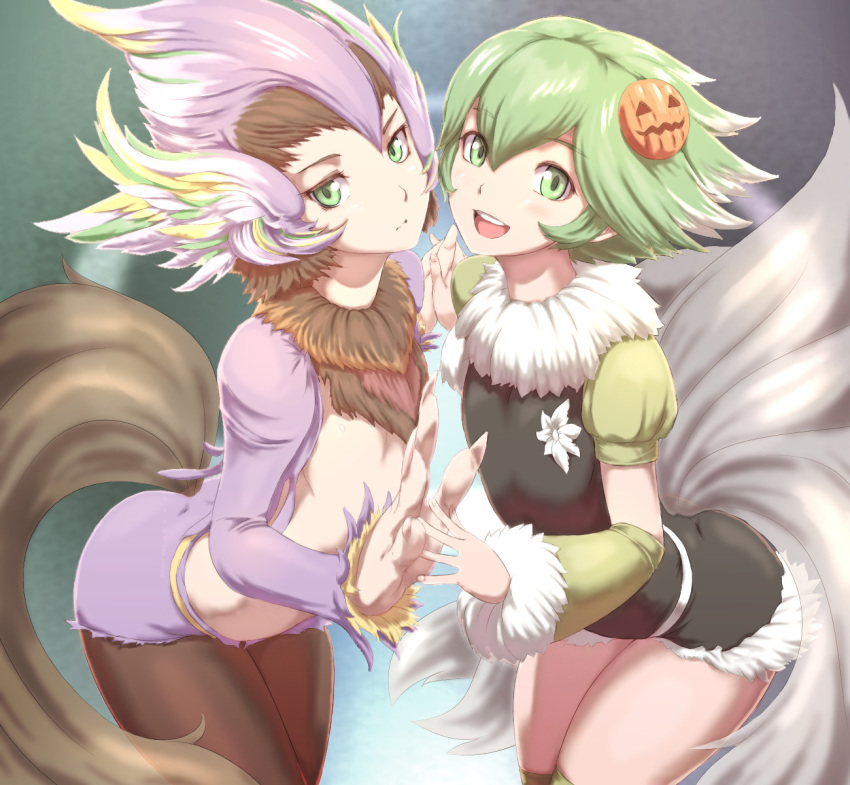 2boys, androgynous, body_fur, closed_mouth, coon_(saga_frontier), eye_contact, facing_viewer, flower, food-themed_hair_ornament, furry, furry_male, green_eyes, green_hair, hair_between_eyes, hair_ornament, hairclip, highres, jewelry, kous_(onetwojustice), looking_at_another, looking_at_viewer, multiple_boys, open_mouth, pantyhose, parted_lips, pumpkin_hair_ornament, riki_(saga), saga, saga_frontier, short_hair, simple_background, smile, tail, thighhighs