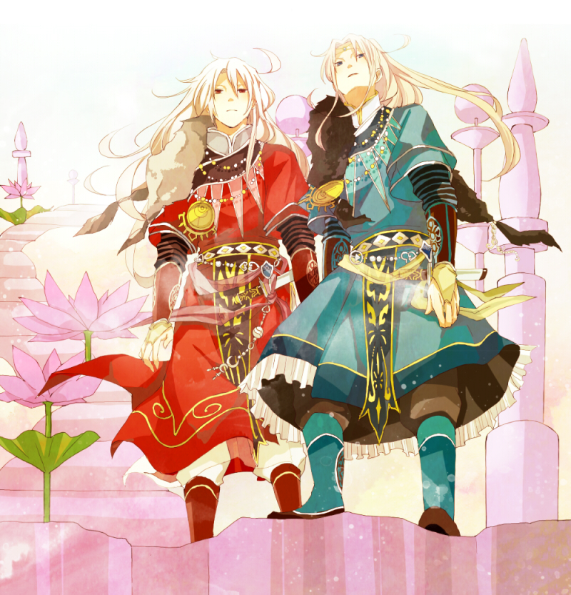 2boys, albino, androgynous, arm_guards, beads, blonde_hair, blue_(saga_frontier), blue_eyes
