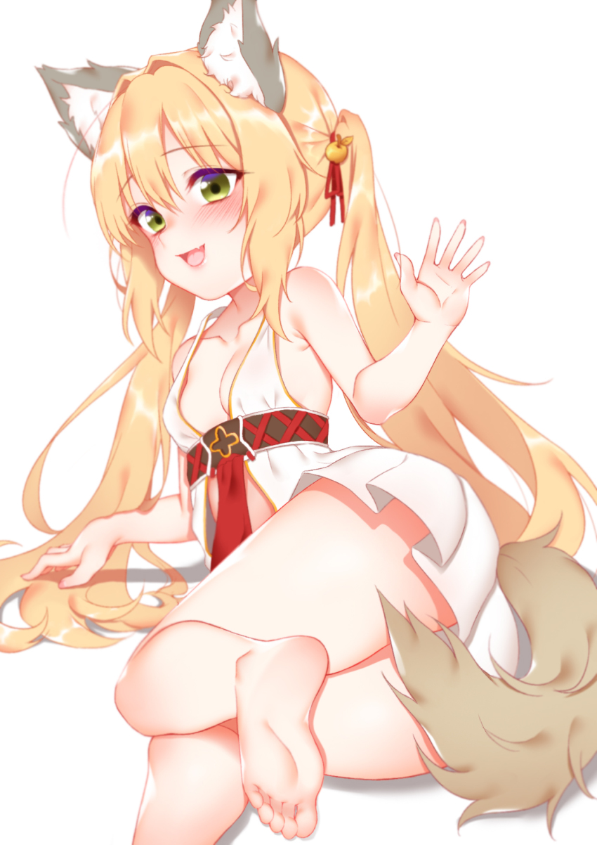 1girl, animal_ears, ass, barefoot, blonde_hair, blush, feet, hair_ribbon