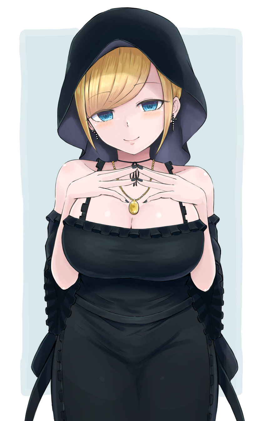 1girl, absurdres, alice_(shinigami_bocchan_to_kuro_maid), bare_shoulders, black_dress, black_nails, black_sleeves, blonde_hair