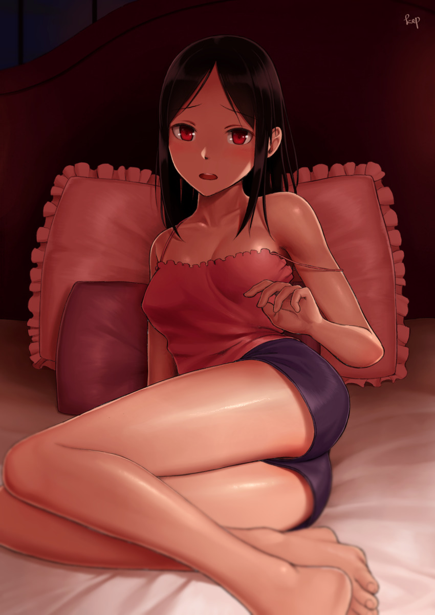 1girl, artistic_error, barefoot, bed, black_hair, blurry, blush, breasts, camisole, cleavage, commentary_request, depth_of_field, feet, female_focus, highres, kaguya-sama_wa_kokurasetai_~tensai-tachi_no_renai_zunousen~, kep_(ahokep), lying, medium_breasts, medium_hair, on_bed, open_mouth, pajamas, pillow, red_eyes, shinomiya_kaguya, short_shorts, shorts, solo, strap_slip, thighs