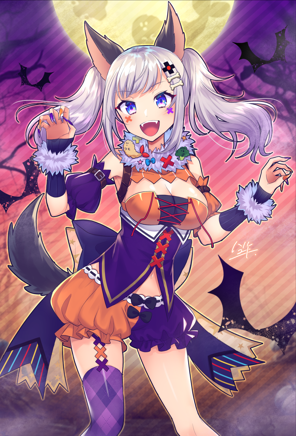1girl, animal_ears, argyle_clothes, argyle_thighhighs, arm_belt, arm_warmers, bare_tree, bat_(animal)