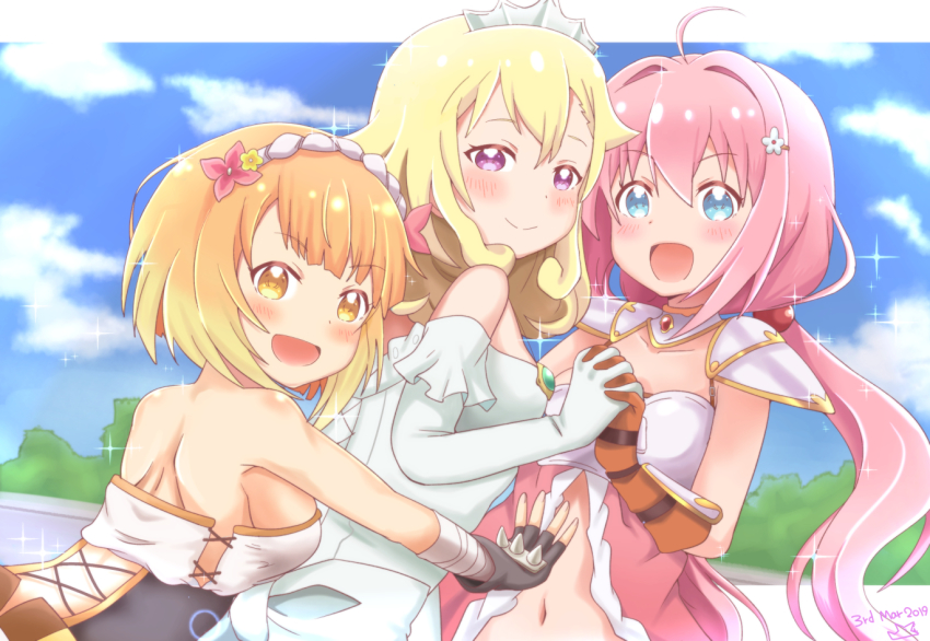3girls, ahoge, blonde_hair, blue_eyes, blush, breasts, closed_mouth, cloud