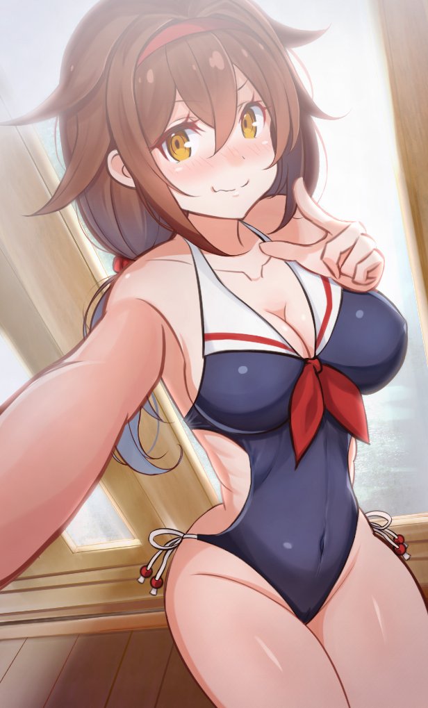 1girl, adapted_costume, black_one-piece_swimsuit, breasts, brown_eyes, brown_hair, cameltoe, casual_one-piece_swimsuit