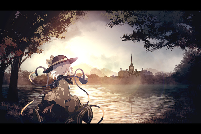 1girl, black_hat, blouse, bow, building, bush, clock, clock_tower