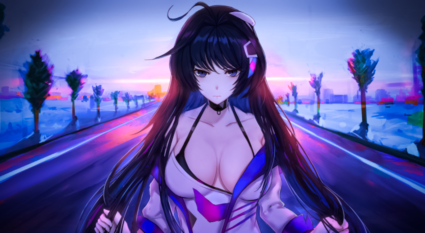 1girl, backlighting, breasts, choker, cleavage, collarbone, dress, dress_slip