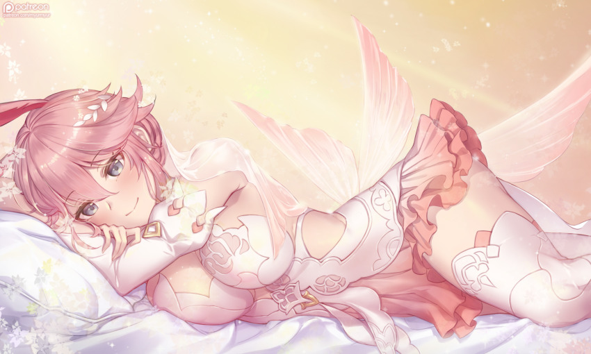 1girl, alternate_costume, animal_ears, bad_id, bad_pixiv_id, bare_shoulders, bed, blue_eyes, blush, boots, breasts, dress, elbow_gloves, female_focus, fox_ears, gloves, hair_between_eyes, hair_flaps, hair_ornament, highres, honkai_(series), honkai_impact_3rd, large_breasts, long_hair, looking_at_viewer, lying, myurumyuru, on_bed, on_side, on_stomach, pink_hair, pink_skirt, skirt, smile, solo, thigh_boots, thighhighs, wedding_dress, white_boots, white_dress, white_gloves, white_thighhighs, yae_sakura, yae_sakura_(dream_raiment), yae_sakura_(flame_sakitama)