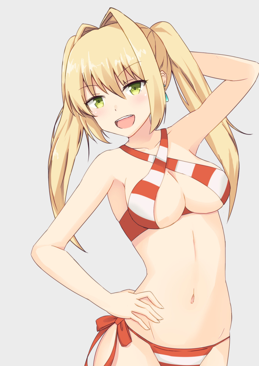 1girl, :d, arm_behind_head, arm_up, armpits, bare_arms, bare_shoulders, bikini