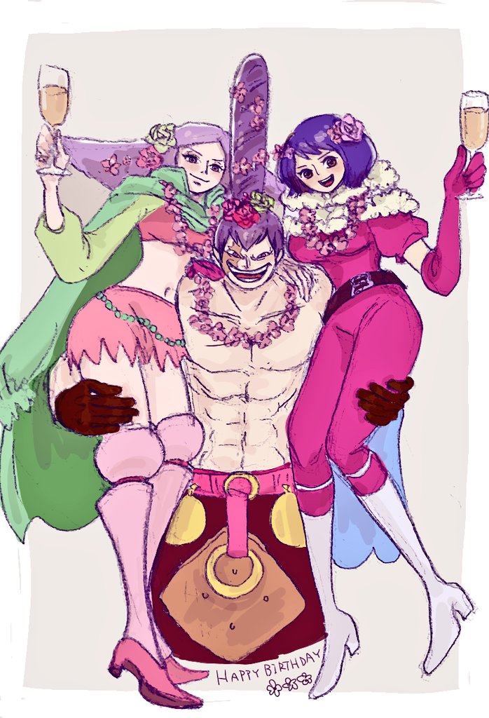 1boy, 2girls, brother_and_sister, cake, charlotte_angel, charlotte_cracker, charlotte_custard, drink, food, multiple_girls, one_piece, purple_hair, siblings, smile, triplets