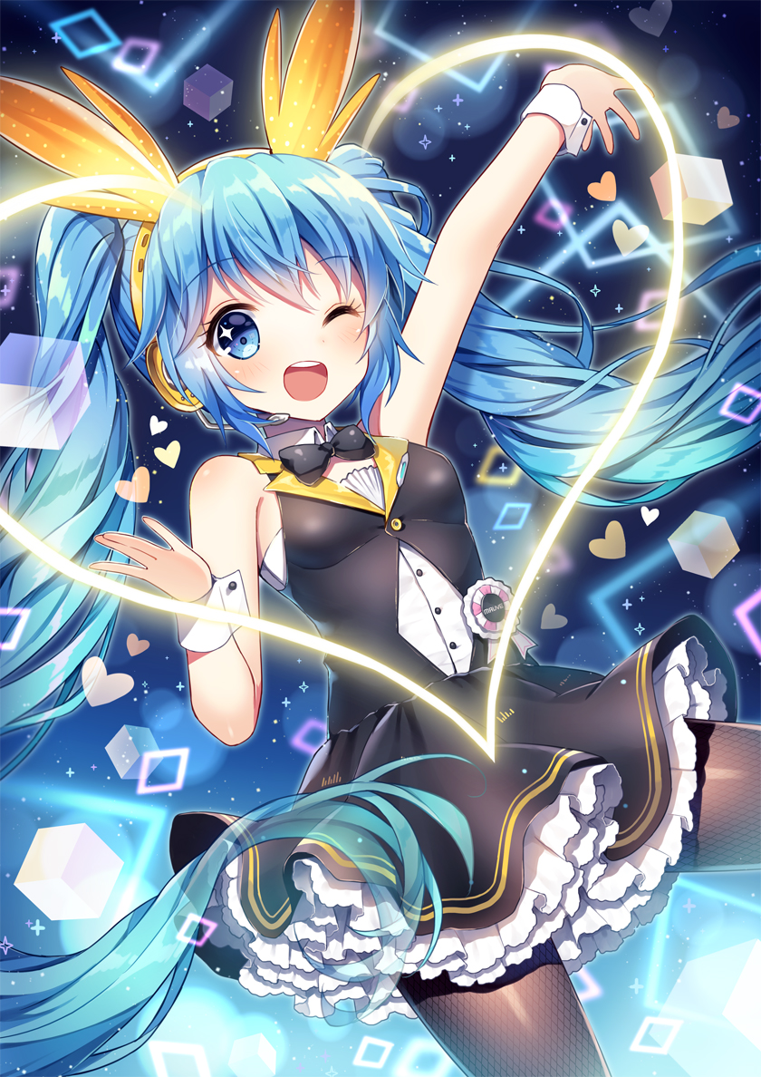 1girl, ;d, arm_up, bare_shoulders, black_dress, black_neckwear, black_pantyhose, blue_eyes, blue_hair, blush, commentary, dress, dress_shirt, english_commentary, female_focus, frilled_skirt, frills, hair_between_eyes, hatsune_miku, hatsune_miku_(my_dear_bunny), headphones, headset, heart, long_hair, looking_at_viewer, mauve, one_eye_closed, open_mouth, pantyhose, rabbit_ears, shirt, sidelocks, skirt, sleeveless, sleeveless_dress, smile, solo, sparkling_eyes, teeth, twintails, upper_teeth_only, very_long_hair, vocaloid, white_shirt, wrist_cuffs