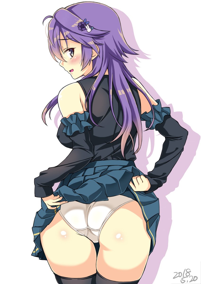 1girl, absurdres, anemone_(flower_knight_girl), ass, bad_id, bad_twitter_id, black_shirt, black_thighhighs, blue_skirt, clothes_lift, cowboy_shot, dated, female_focus, flower, flower_knight_girl, from_behind, grey_eyes, hair_flower, hair_ornament, hairclip, highres, hihiirokane_m, lifting_own_clothes, long_hair, looking_at_viewer, looking_back, panties, profile, purple_hair, rabbit_hair_ornament, shiny_skin, shirt, simple_background, skirt, skirt_lift, smile, solo, standing, thighhighs, underwear, white_background, white_panties