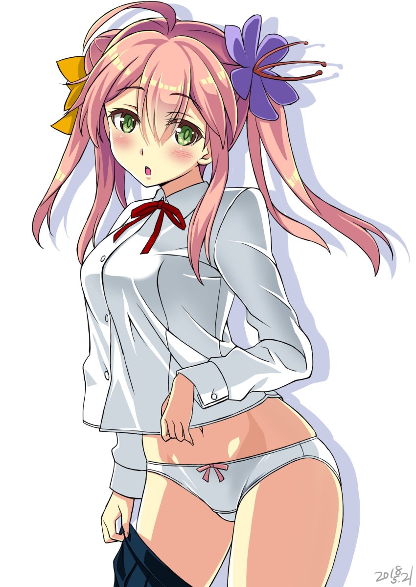 1girl, :o, absurdres, ahoge, bad_id, bad_twitter_id, black_skirt, blush