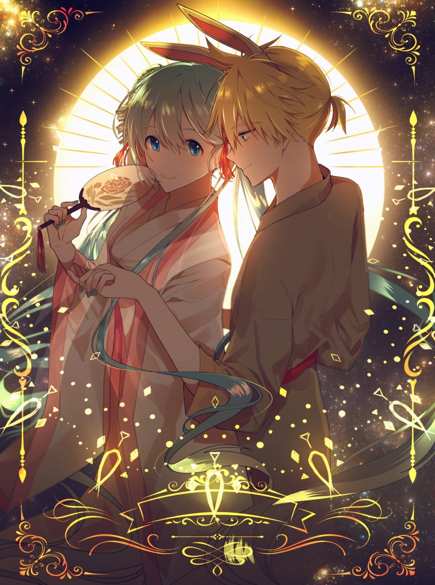 1boy, 1girl, animal_ears, aqua_hair, bad_id, bad_twitter_id, blonde_hair, blue_eyes, chinese_clothes, chuushuu_meigetsu_miku, commentary_request, floral_print, flower, from_side, hand_fan, hanfu, hatsune_miku, highres, hina_(yys8487), holding, holding_fan, holding_hands, japanese_clothes, jiaoling_ruqun, kagamine_len, kemonomimi_mode, kimono, korean_commentary, long_hair, nail_polish, paper_fan, ponytail, rabbit_ears, rose, short_hair, smile, star_(sky), tuanshan, twintails, uchiwa, universe, very_long_hair, vocaloid